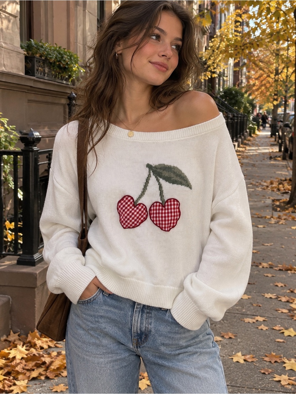 Hollister Cream Off-the-Shoulder Sweater with Red Cherry Patch